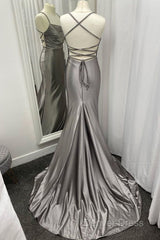 Spaghetti Straps Grey Mermaid Satin Long Prom Dresses