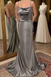 Spaghetti Straps Grey Mermaid Satin Long Prom Dresses
