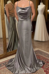 Spaghetti Straps Grey Mermaid Satin Long Prom Dresses