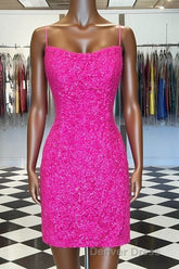 Spaghetti Straps Hot Pink Bodycon Mini Dresses,Graduation Dresses