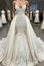 Spaghetti Straps Lace Fit and Flare Wedding Dresses Overskirt Appliques Detachable Satin Backless Bridal Gown
