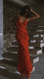Spaghetti Straps Red Long Prom Dresses,Ruffles Sheath Prom Gowns