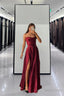 Spaghetti Straps Red Long Prom Dress,Satin A Line Prom Gowns Long Prom Dresses with Slit