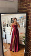 Spaghetti Straps Red Long Prom Dresses,Satin A Line Prom Gowns with Slit