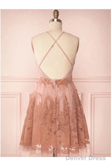 Spaghetti Straps Short Pink Homecoming Dress Criss Cross Back