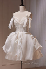 Spaghetti Straps Short Prom Dresses with Lace, Homecoming Gown with Bowknot