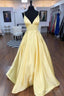 Spaghetti Straps V Neck Long Daffodil Simple Satin Prom Dresses