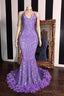 Spaghetti V Neck Sequins Floor Length Fur Train Mermaid Prom Dresses