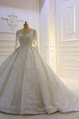 Sparkle 3D Lace Appliques Long Sleevess Church Train Wedding Dresses
