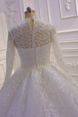 Sparkle Lace Ball Gown High Neck Tull Long Sleevess Wedding Dresses