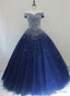 Sparkle Navy Blue Off Shoulder Ball Prom Dress,Red Black Beaded Prom Dresses