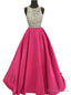 Sparkly Beaded Crystals Hot Pink Satin Backless Prom Dresses
