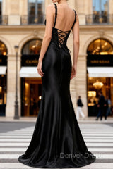 Sparkly Black Floral Spaghetti Straps Mermaid Long Prom Dresses with Slit