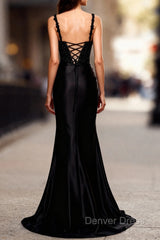 Sparkly Black Spaghetti Straps Mermaid Long Prom Dress with Slit