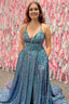 Sparkly Blue A Line Sequins Long Prom Dresses with Pockets