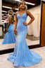 Sparkly Blue Mermaid Sequins Long Backless Prom Dresses