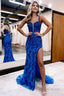 Sparkly Blue Sheath Sequins Long Prom Dresses with Slit
