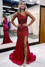 Sparkly Burgundy Beaded One Shoulder Long Prom Dress with Slit Prom Dresses
