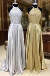 Sparkly Crystal Beaded Halter Long Satin Open Back Prom Dresses
