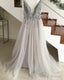 Sparkly Crystal Beaded V Neck Tulle Split Prom Dresses