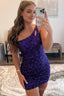 Sparkly Dark Purple Open Back One Shoulder Sequins Tight Homecoming Dresses