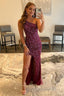 Sparkly Dark Purple Sequins Long Prom Dresses with Slit