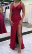 Sparkly Dark Red One Shoulder Sheath Long Prom Dress with Slit Prom Dresses