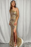 Sparkly Golden One Shoulder Mermaid Sequins Long Prom Dresses with Fringes