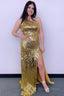 Sparkly Golden Sequins One Shoulder Long Prom Dresses with Slit