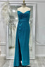 Sparkly Ink Blue Strapless Pleated Long Prom Dresses with Slit