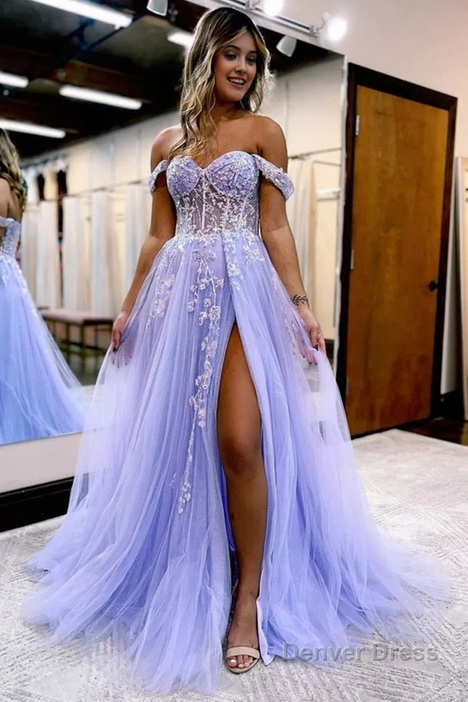 Lilac - A Line Strapless Chiffon Beaded Corset Long Prom Dress With Slit main image 1