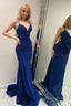 Sparkly Navy Beaded Mermaid Backless Long Prom Dresses