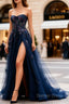 Sparkly Navy Blue Corset Sweetheart Long Prom Dresses with Appliques