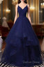 Sparkly Navy Blue Tulle Long Prom Dresses Evening Dresses