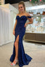 Sparkly Navy Corset Mermaid Sequins Long Prom Dresses with Slit
