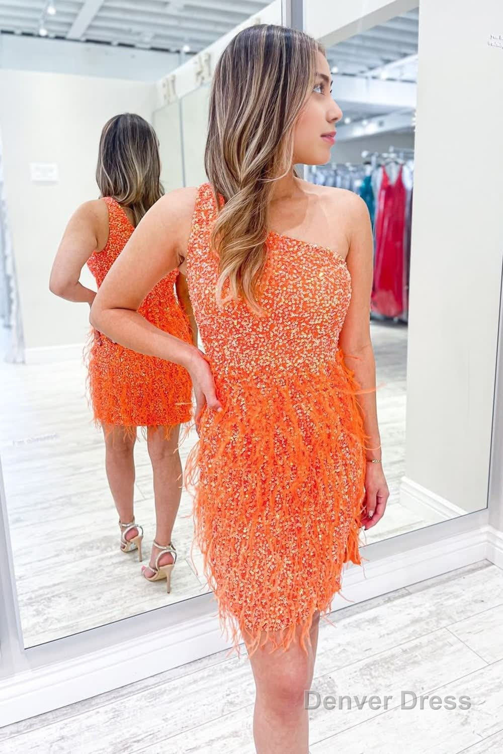 Sparkly Orange One Shoulder Sequins Tight Homecoming Dresses with Feat Denver Dress Sparkly Orange One Shoulder Sequins Tight Homecoming Dresses with Feat Denver Dress