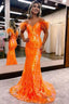 Sparkly Orange Sequins Off the Shoulder Mermaid Long Prom Dresses with Feathers
