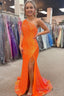 Sparkly Orange Sequins One Shoulder Mermaid Long Prom Dresses with Fringes