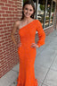 Sparkly Orange Sequins One Shoulder One Sleeve Long Prom Dresses