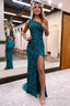 Sparkly Peacock Blue Sequins Mermaid One Shoulder Long Prom Dress with Slit Prom Dresses