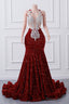 Sparkly Red Sequin Mermaid Prom Dresses Luxury Silver Crystal Beaded Sheer Neck Long Prom Gown for Black Girls