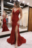 Sparkly Red Sequins Lace Up Back Mermaid Long Prom Dresses with Slit