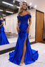 Sparkly Royal Blue Corset Detachable Neck Mermaid Long Prom Dresses with Slit