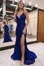 Sparkly Royal Blue Lace Up Back Sequins Mermaid Long Prom Dresses with Slit