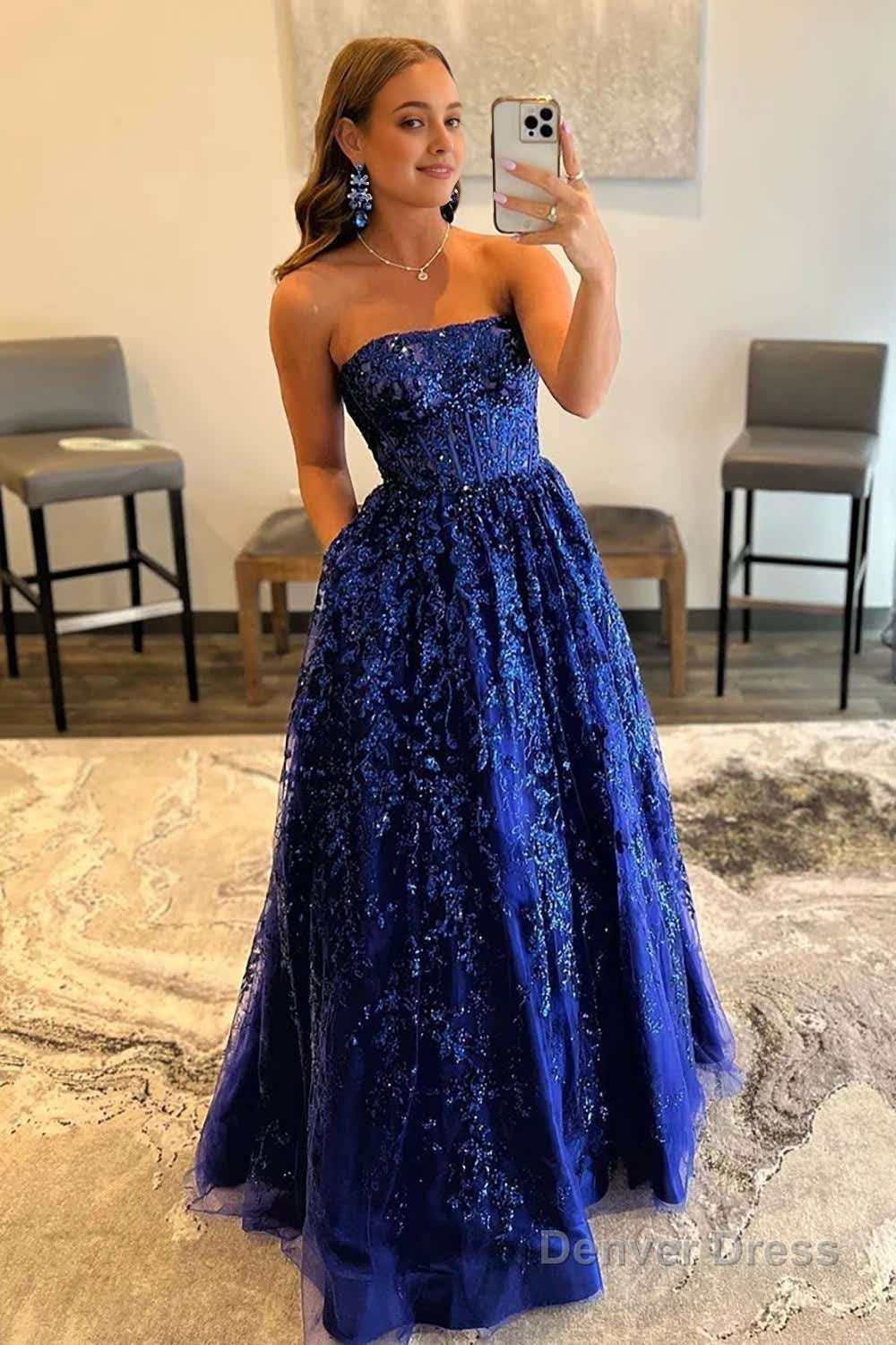 Sparkly Royal Blue Long Prom Dress with Pockets Prom Dresses Gown