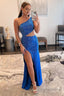Sparkly Royal Blue One Shoulder Sheath Long Prom Dresses with Slit