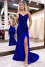 Sparkly Royal Blue Sequins Long Mermaid Prom Dresses with Feathers