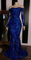 Sparkly Sequined Mermaid African Prom Dress Royal Blue Long Sleeve Graduation Prom Dresses Plus Size Prom Gown