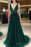 Sparkly Sequins Beaded V-Neck Tulle Open Back Evening Dresses