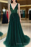 Sparkly Sequins Beaded V Neck Tulle Open Back Prom Dresses